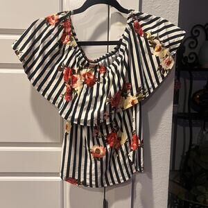 Vibes  Women's Striped Floral Off-Shoulder Top Size S